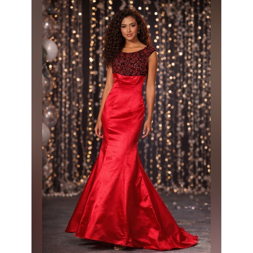 Sherri Hill Red Satin Mermaid Prom Dress Size 0 Beaded Formal Evening Gown Red‎